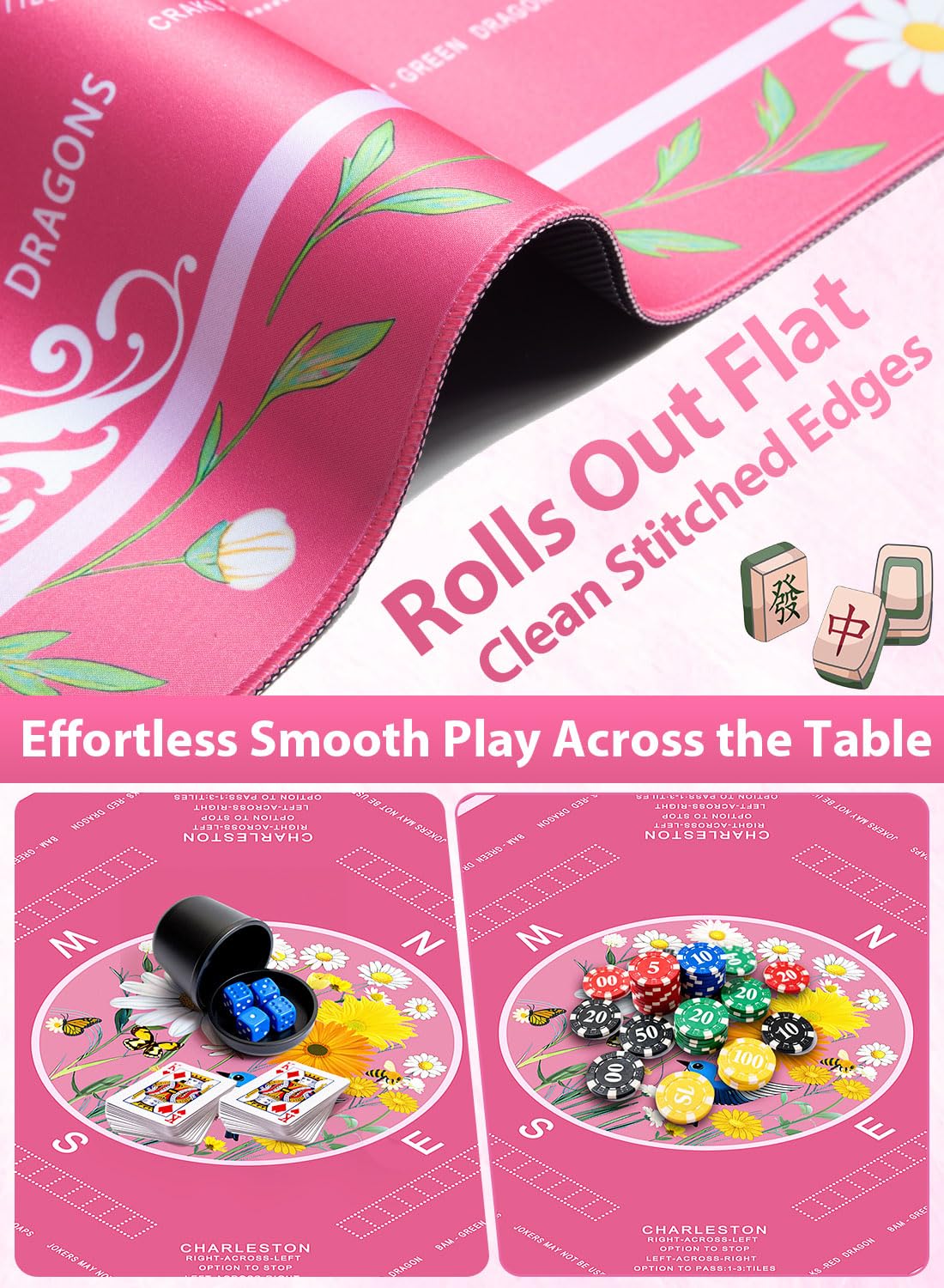LUYULAKI Large Mahjong Mat 33.1x33.1 inches – Quiet 3mm Cushioned, Non-Slip Floral Rose Pink with American Mah Jongg Rules