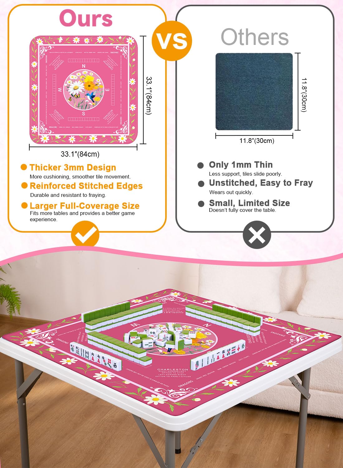 LUYULAKI Large Mahjong Mat 33.1x33.1 inches – Quiet 3mm Cushioned, Non-Slip Floral Rose Pink with American Mah Jongg Rules