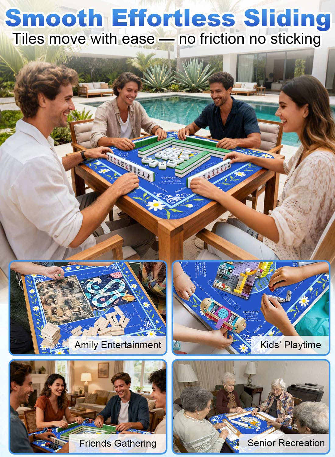 LUYULAKI Large Mahjong Mat 33.1"×33.1" – Quiet, Non-Slip American Mah Jongg Table Mat with Rules (Floral Blue)
