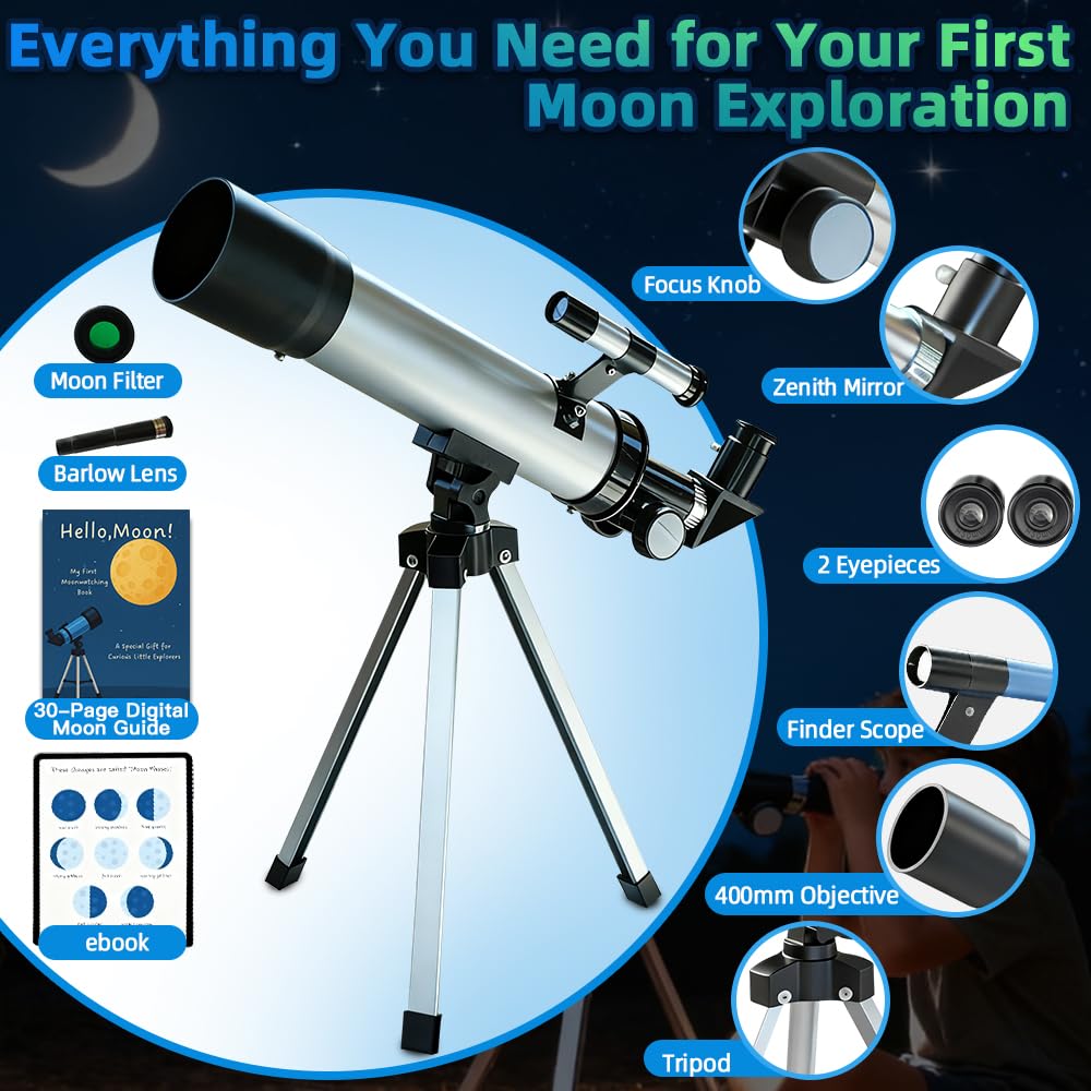 Luzsco Kids Telescope 50mm 100x – Beginner Silver with Tripod