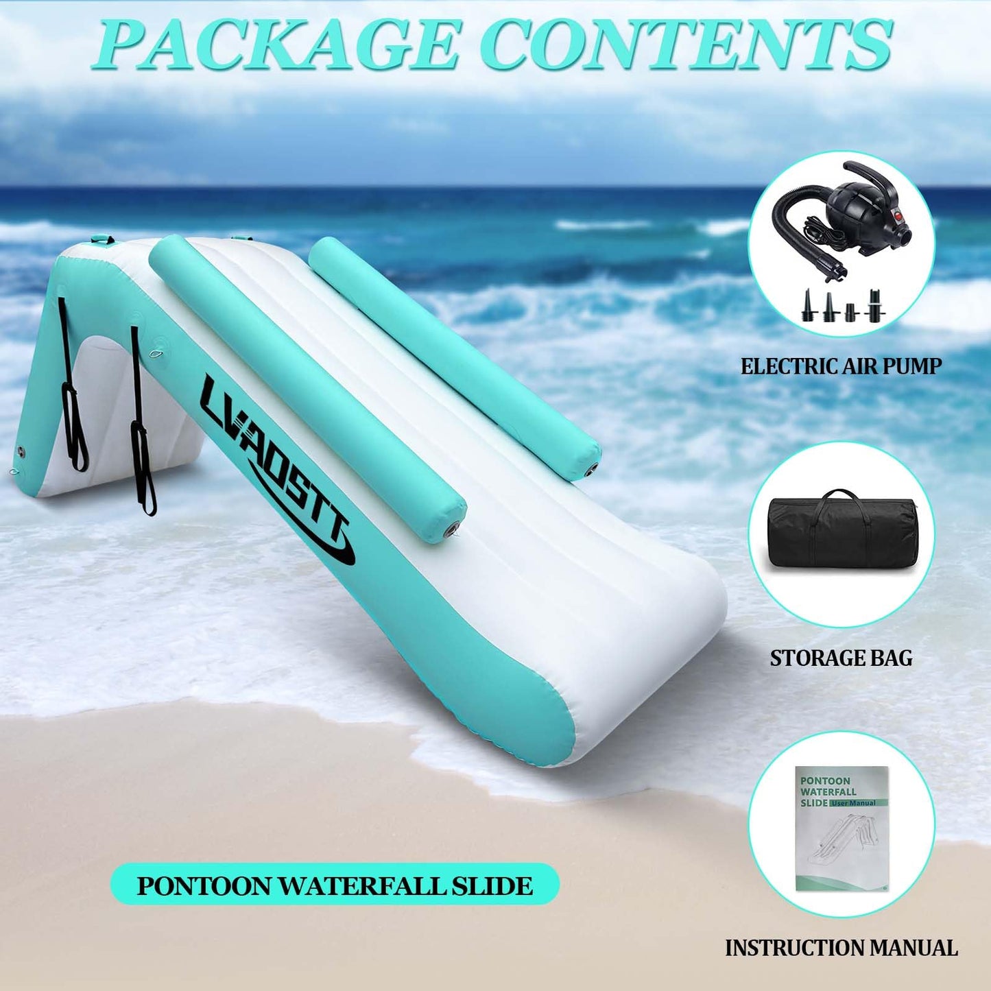 LVAOSTT Pontoon Waterfall Slide – Inflatable Water Play Island for Adults & Kids
