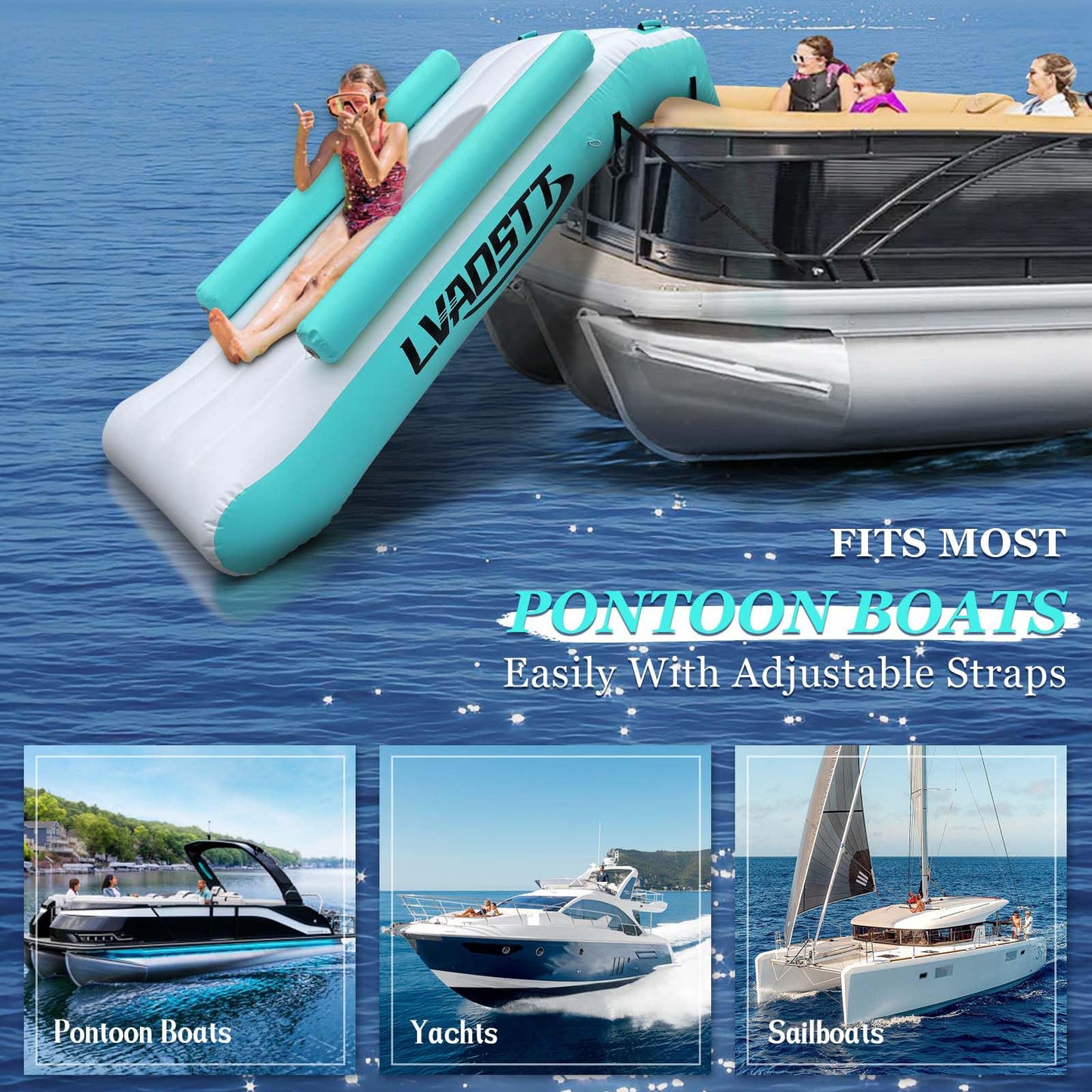 LVAOSTT Pontoon Waterfall Slide – Inflatable Water Play Island for Adults & Kids