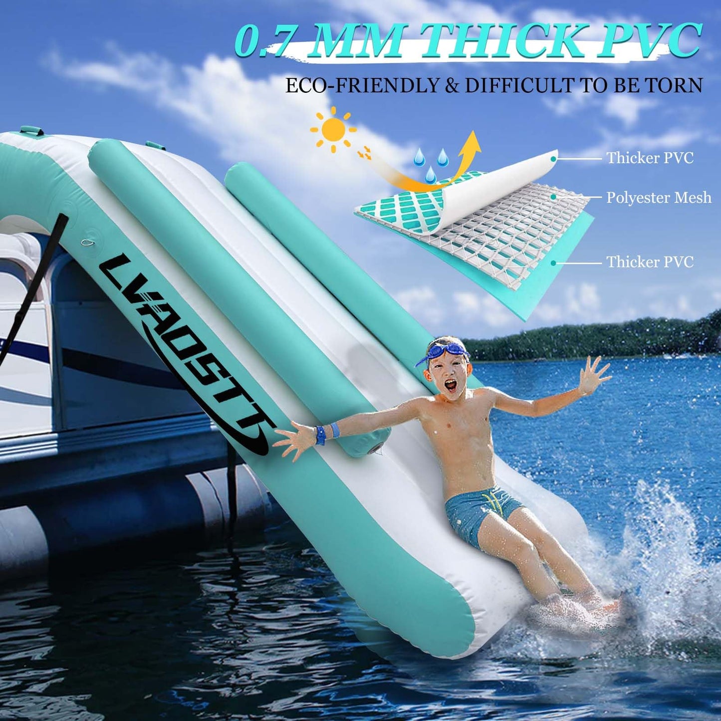 LVAOSTT Pontoon Waterfall Slide – Inflatable Water Play Island for Adults & Kids