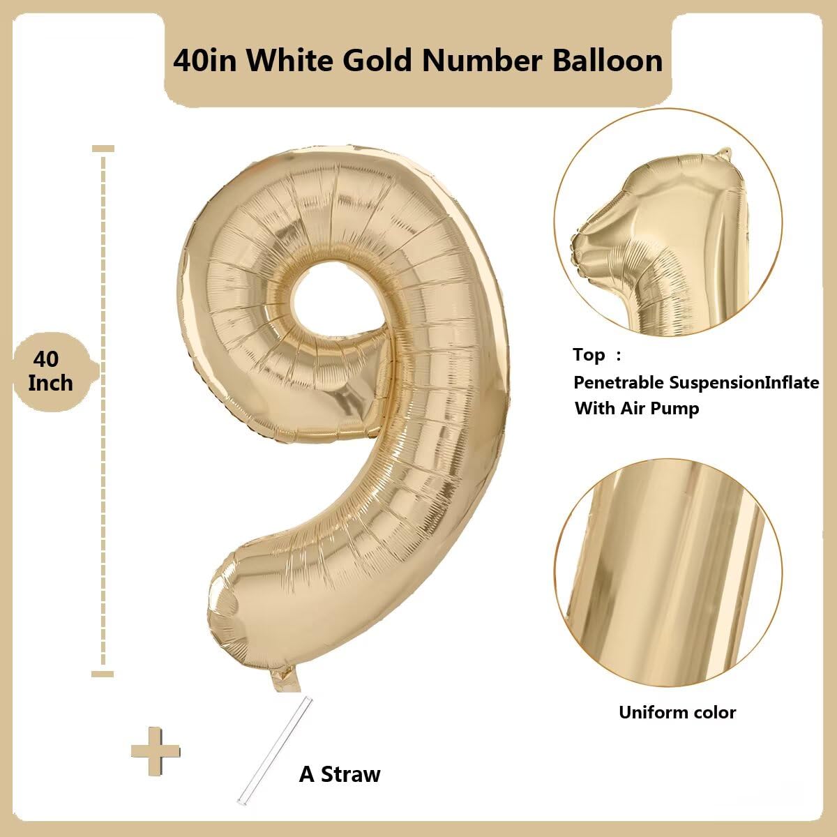 LVMOQIQIU Light Gold 40-inch Number Balloon 9 – Elegant 9th Birthday Decor
