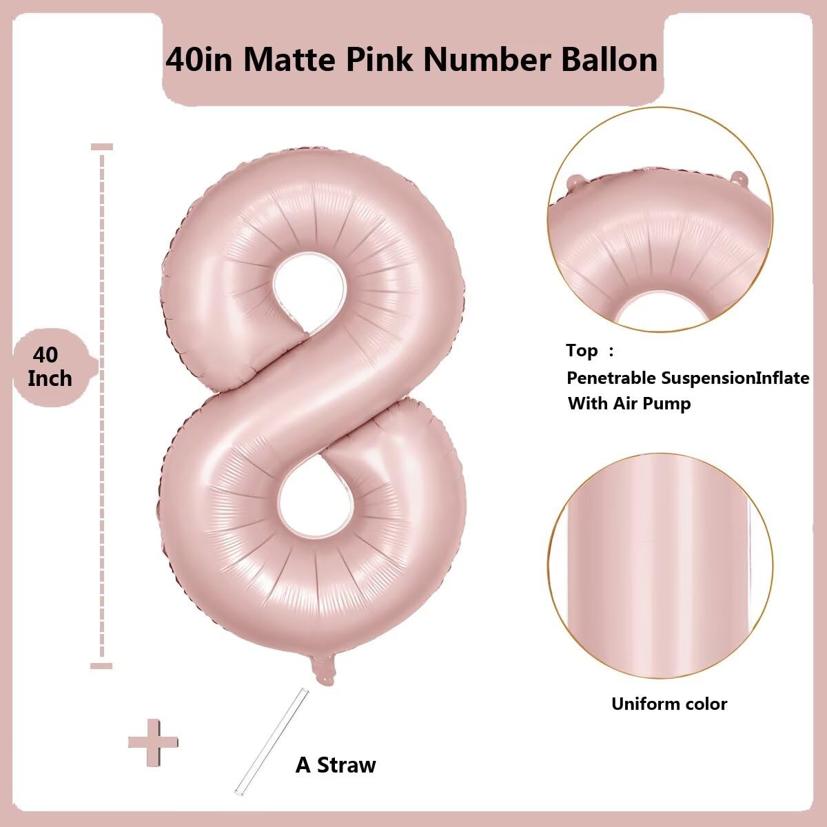 LVMOQIQIU 40 Inch Pink Number 8 Balloon – Matte Foil Large 8 Balloon for Birthday, Wedding & Parties