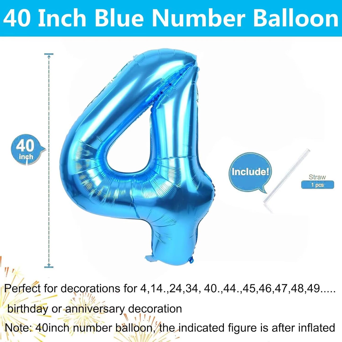 LVMOQIQIU 40 Inch Blue Foil Number 4 Balloon | Large Birthday & Event Decor