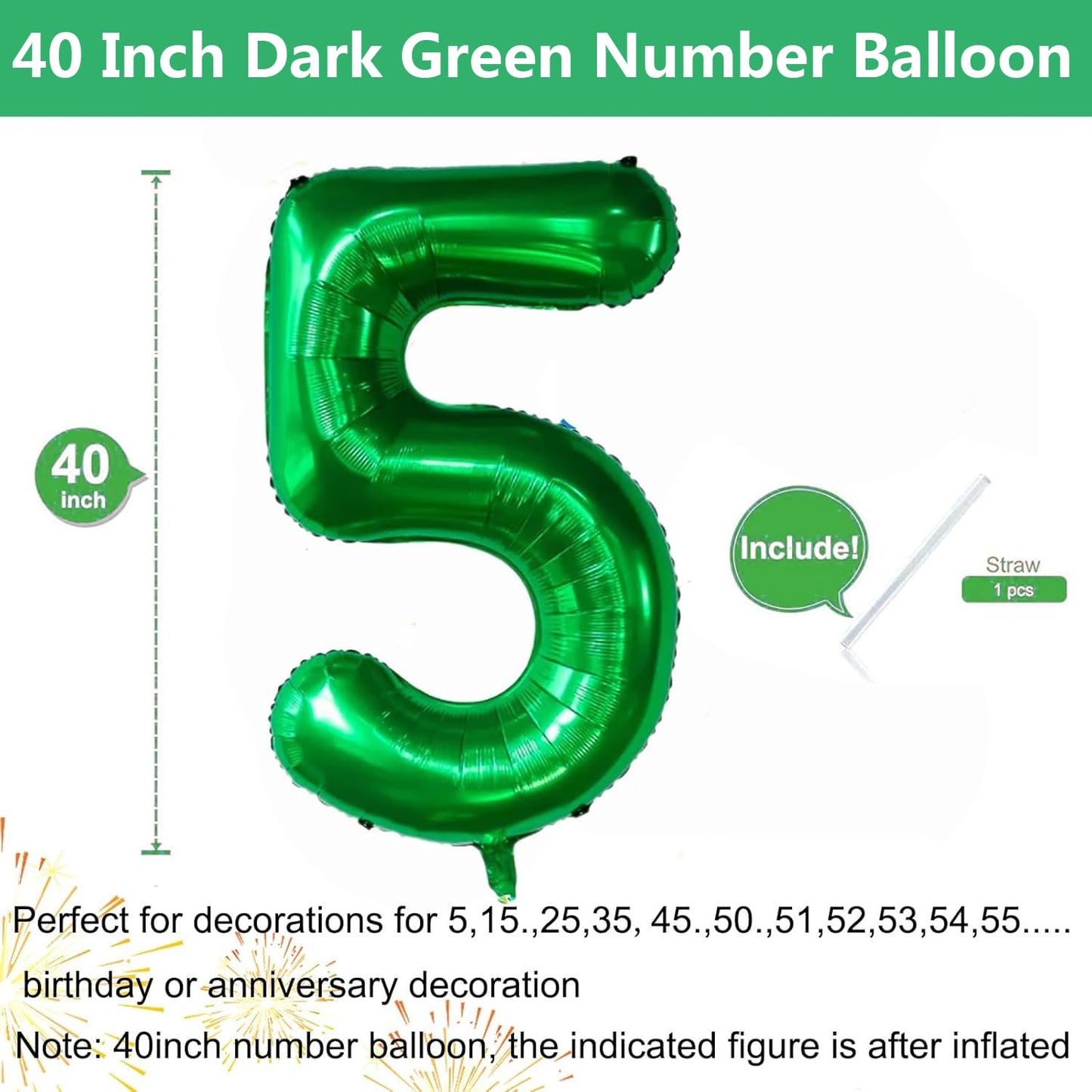 LVMOQIQIU 40 Inch Dark Green Number 5 Foil Balloon – Large Birthday, Wedding & Event Decor