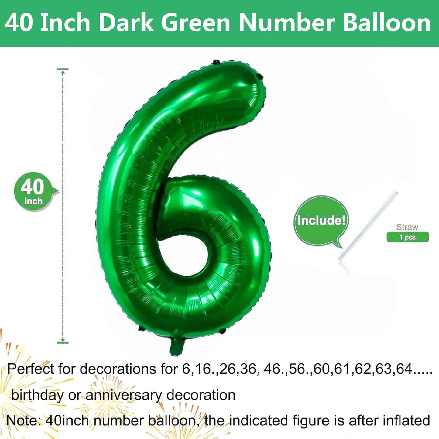 LVMOQIQIU 40 Inch Dark Green Foil Number 6 Balloon – Large Party Number Balloon