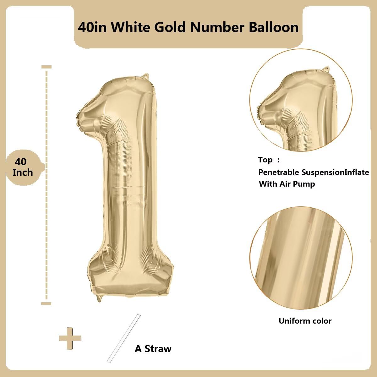 LVMOQIQIU Light Gold 40-Inch Number Balloon – 1 (One) Foil Balloon for Birthdays and Weddings