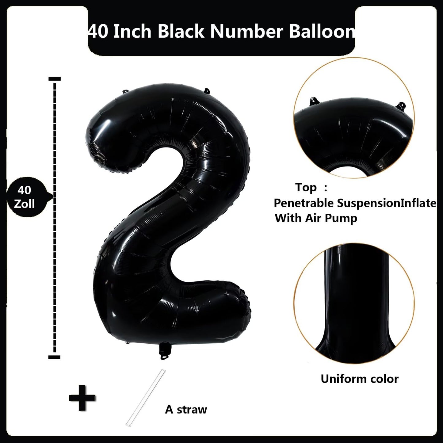 LVMOQIQIU Black 2 Number Balloon – 40-Inch Foil Numeral Balloon for Parties
