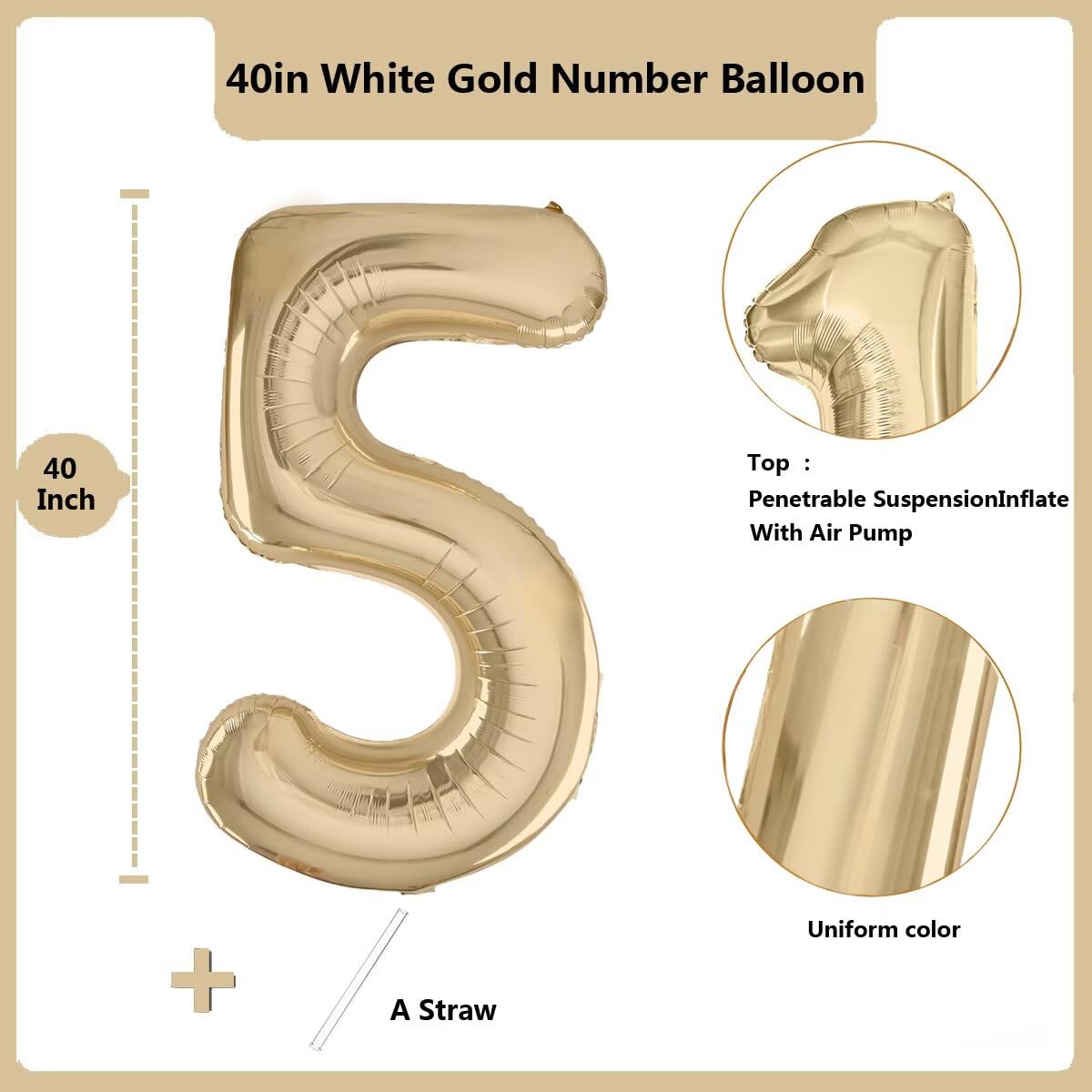 LVMOQIQIU Light Gold Number Balloon 40 Inch - 5th Birthday Foil Balloon, Champagne Gold