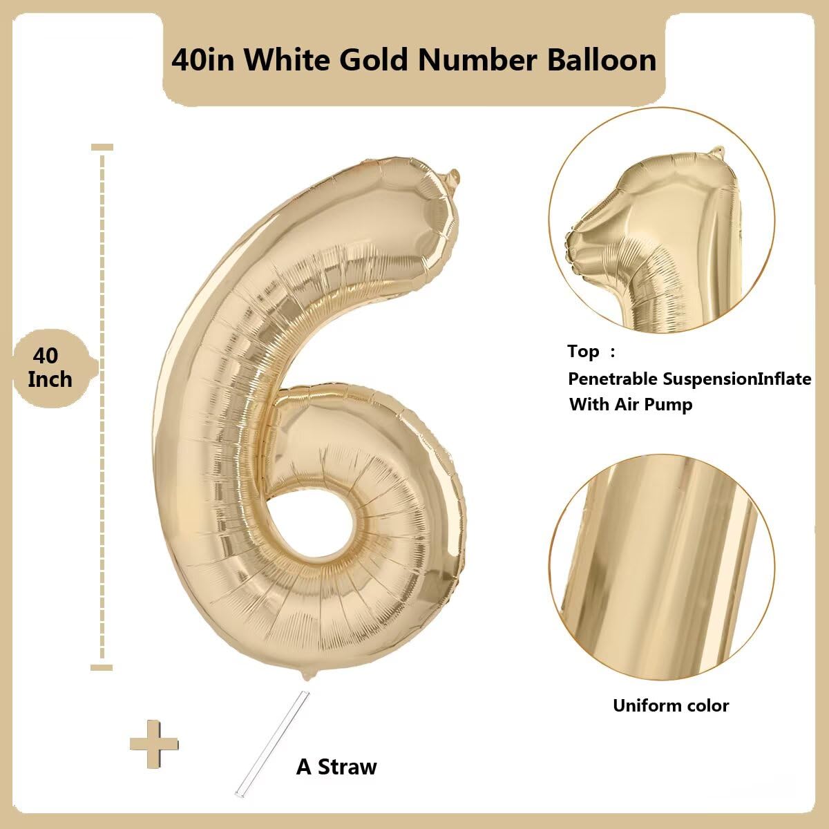 LVMOQIQIU Light Gold 40-Inch Number Balloon – 6th Birthday Foil Balloon, Champagne Gold