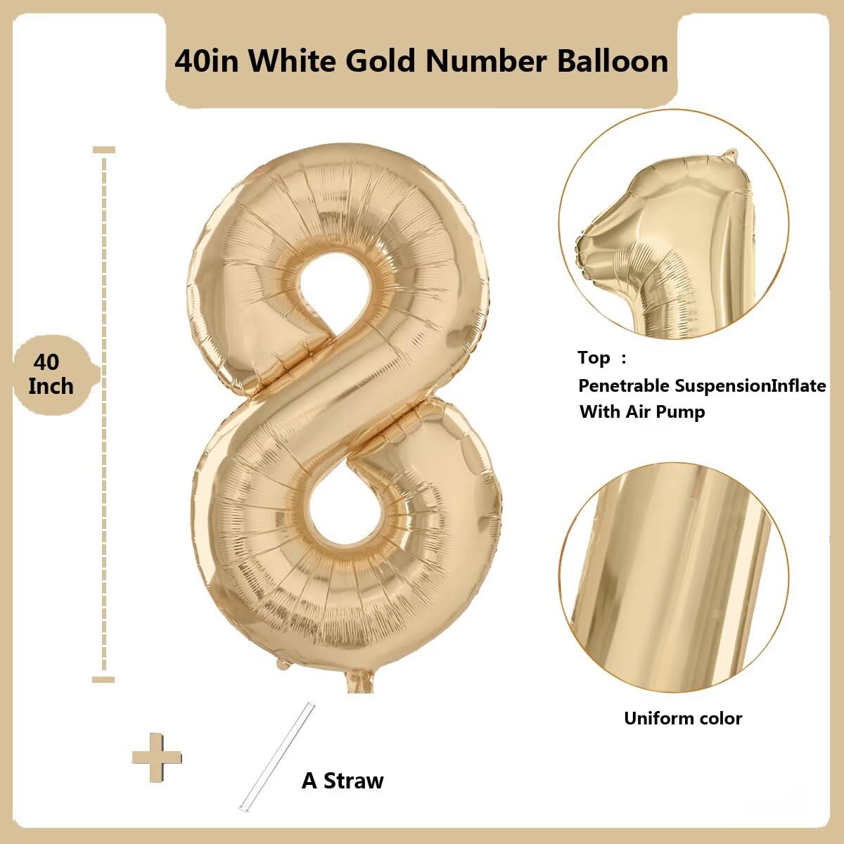 LVMOQIQIU Light Gold 40 Inch Number 8 Foil Balloon – Elegant 8th Birthday Decor