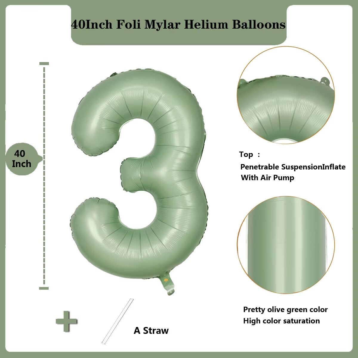 LVMOQIQIU 40-Inch Olive Green Number 3 Balloon – Large Foil Party Decor