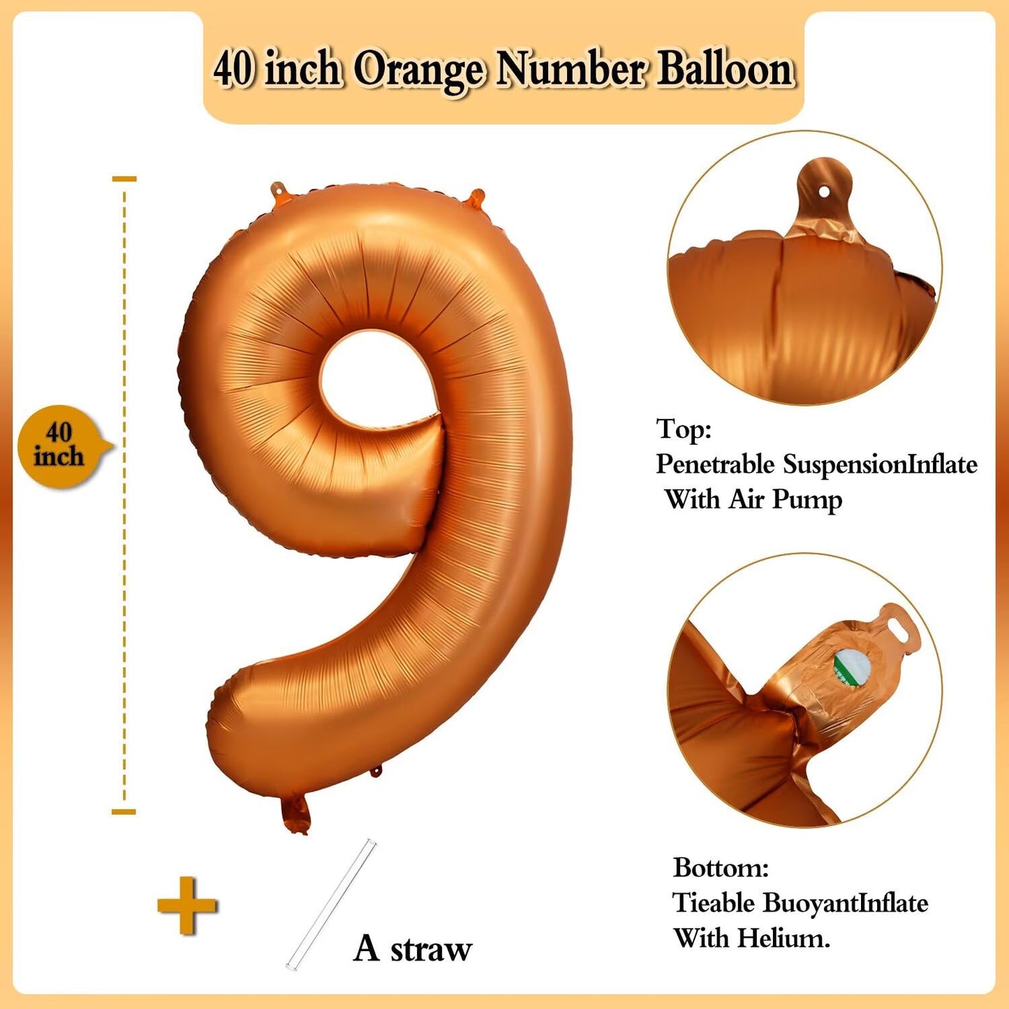LVMOQIQIU 40-Inch Orange Foil Number Balloon (9) – Party Decor for Birthdays, Weddings & Events