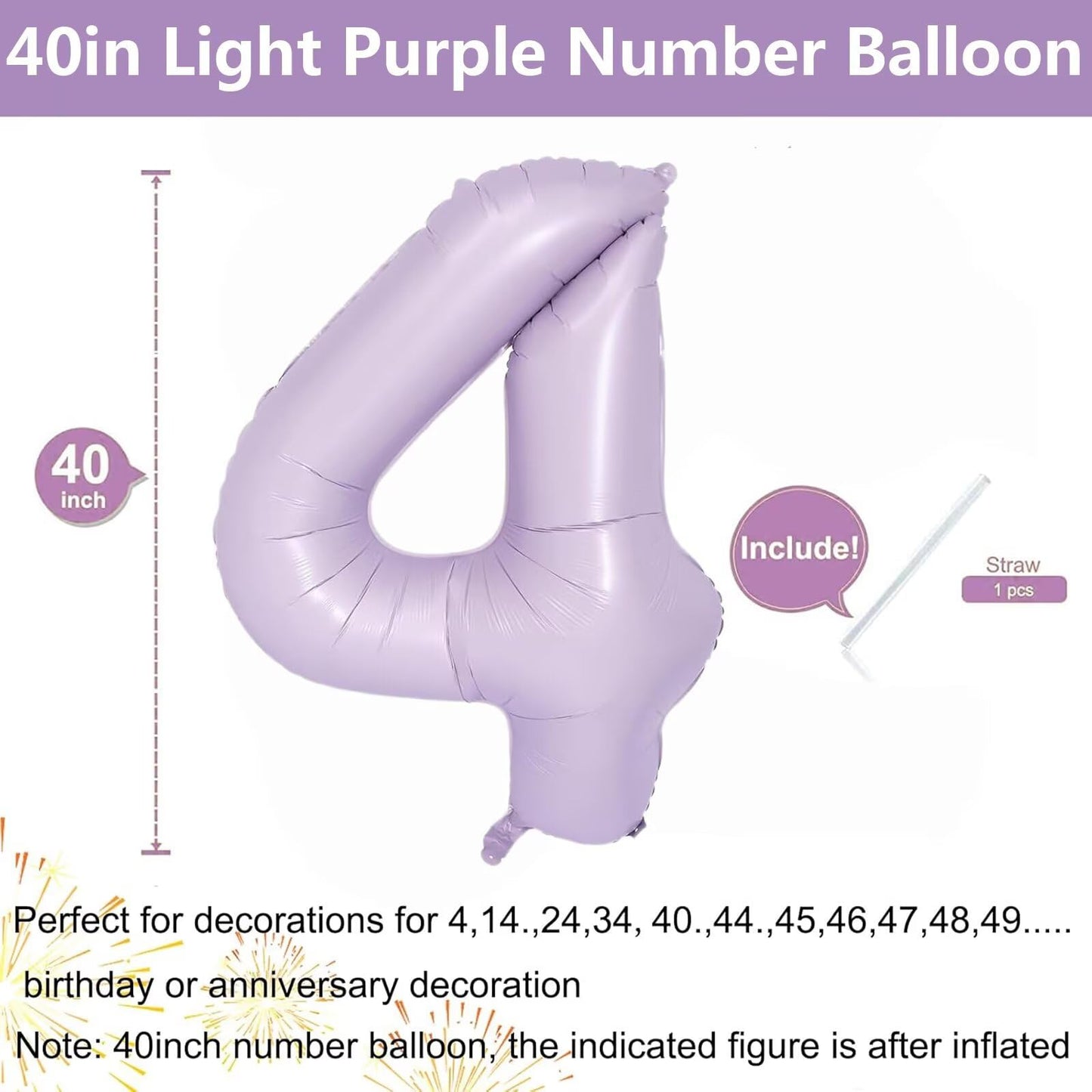 LVMOQIQIU Purple 4 Number Balloon - 40 Inch Matte Foil Number 4 Balloon for Parties