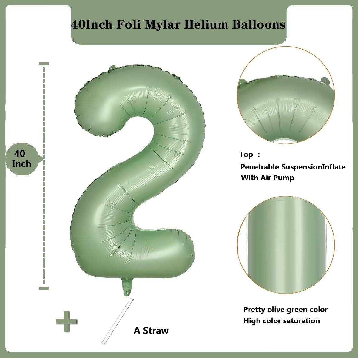 LVMOQIQIU 40-Inch Olive Green Number 2 Foil Balloon – Large Sage Green 0-9 Balloons for Parties