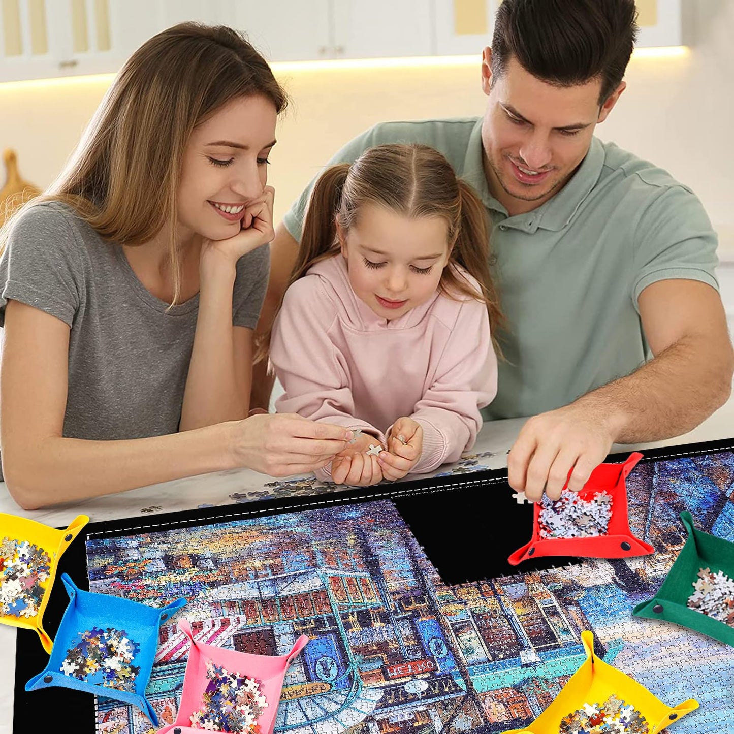 Lwoeo Jigsaw Puzzle Mat Roll Up – 42 x 26 Black Puzzle Organizer with 6 Trays & Storage Kit