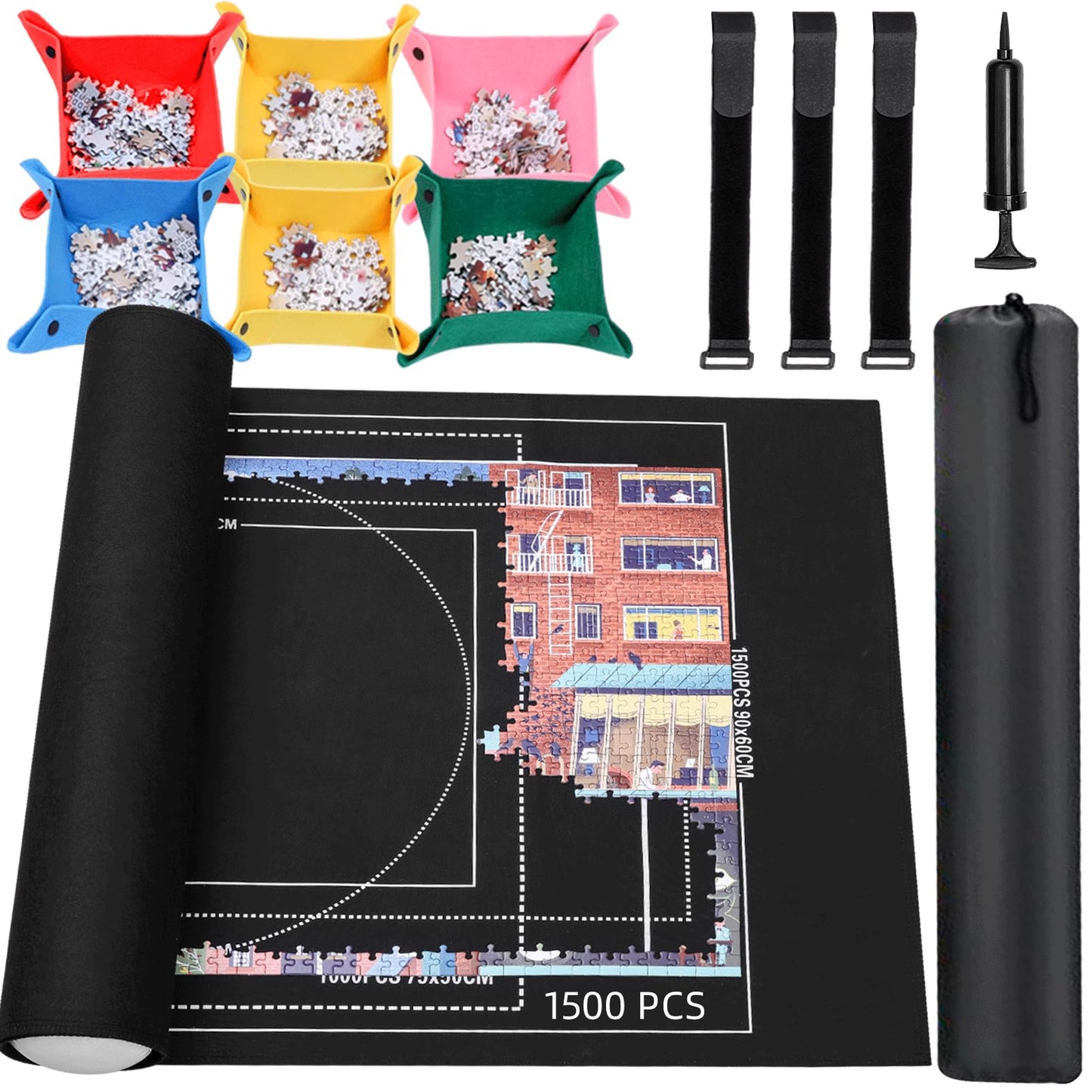 Lwoeo Jigsaw Puzzle Mat Roll Up – 42 x 26 Black Puzzle Organizer with 6 Trays & Storage Kit