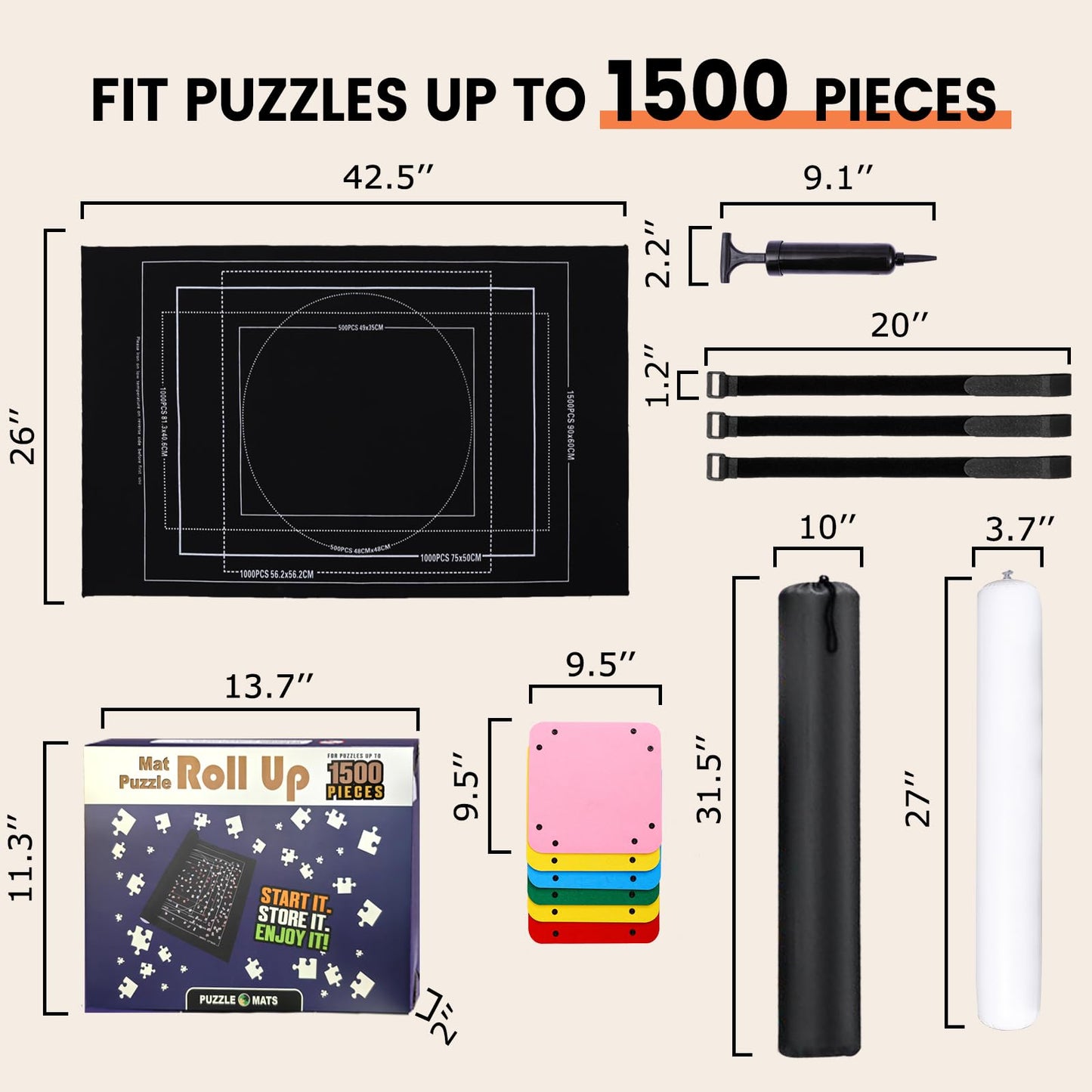 Lwoeo Jigsaw Puzzle Mat Roll Up – 42 x 26 Black Puzzle Organizer with 6 Trays & Storage Kit