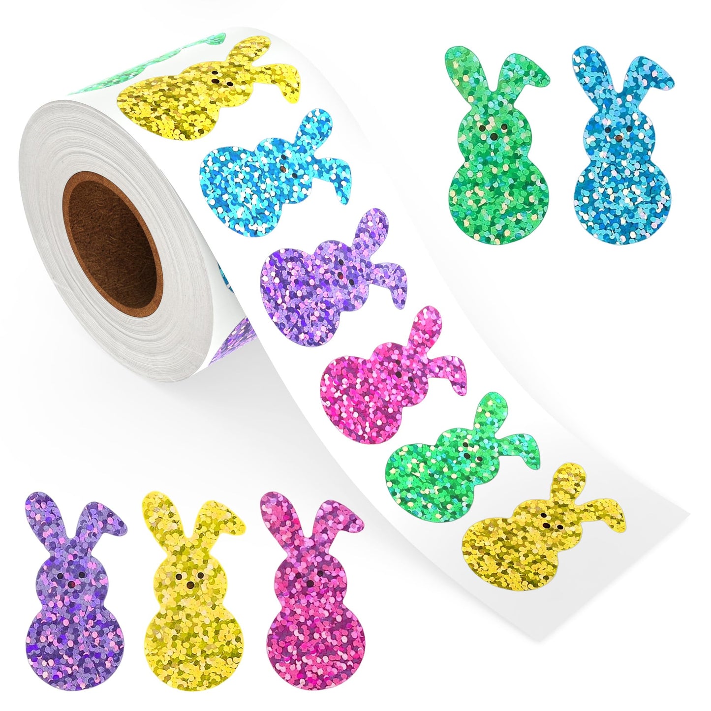 Lxzyu 500 Pcs Bling Sparkly Easter Bunny Stickers – 1.5 x 0.8 in, 5 Colors, Self-Adhesive, Waterproof