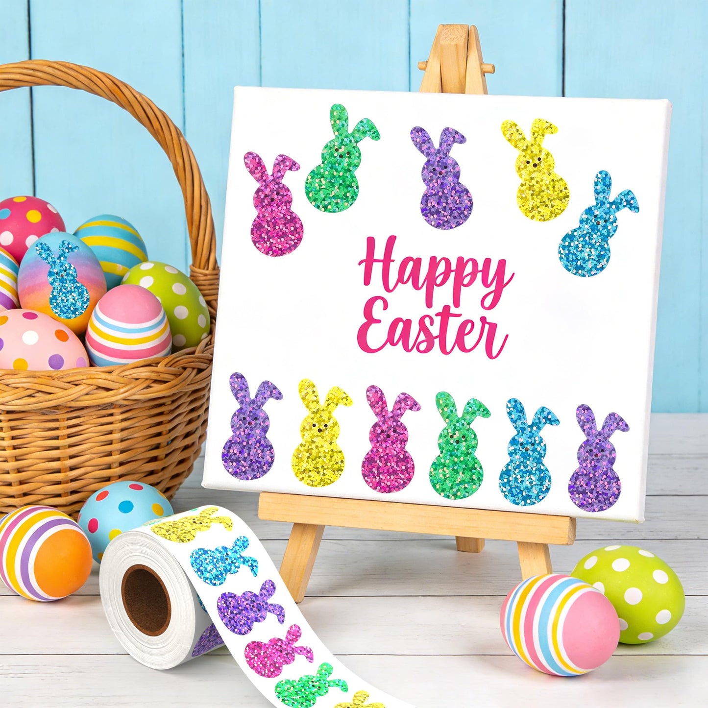 Lxzyu 500 Pcs Bling Sparkly Easter Bunny Stickers – 1.5 x 0.8 in, 5 Colors, Self-Adhesive, Waterproof