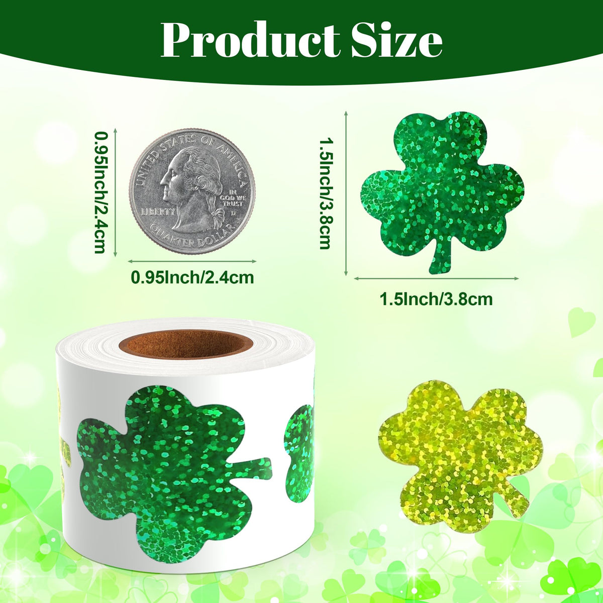 Lxzyu St Patrick's Day Stickers Roll – 500 Shamrock Holographic Glitter Labels (3.8 cm)