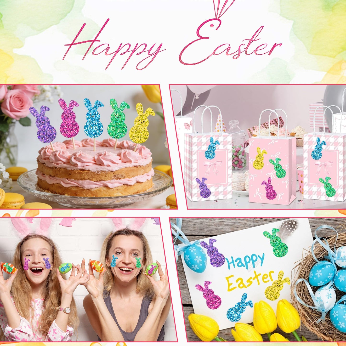 Lxzyu 500 Pcs Bling Sparkly Easter Bunny Stickers – 1.5 x 0.8 in, 5 Colors, Self-Adhesive, Waterproof
