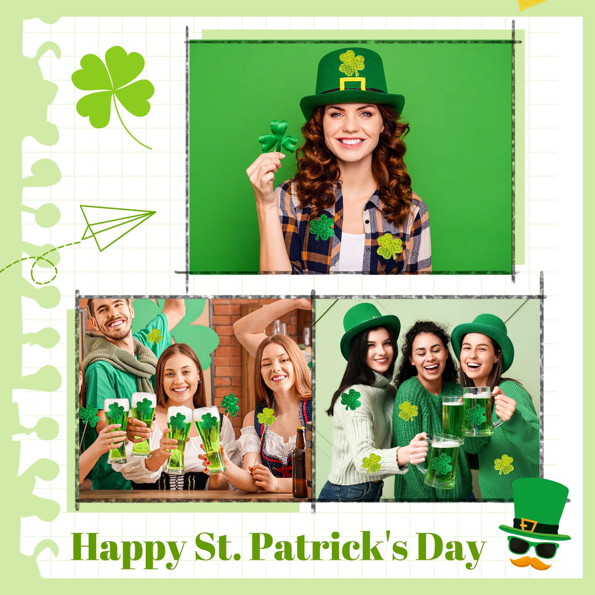 Lxzyu St Patrick's Day Stickers Roll – 500 Shamrock Holographic Glitter Labels (3.8 cm)