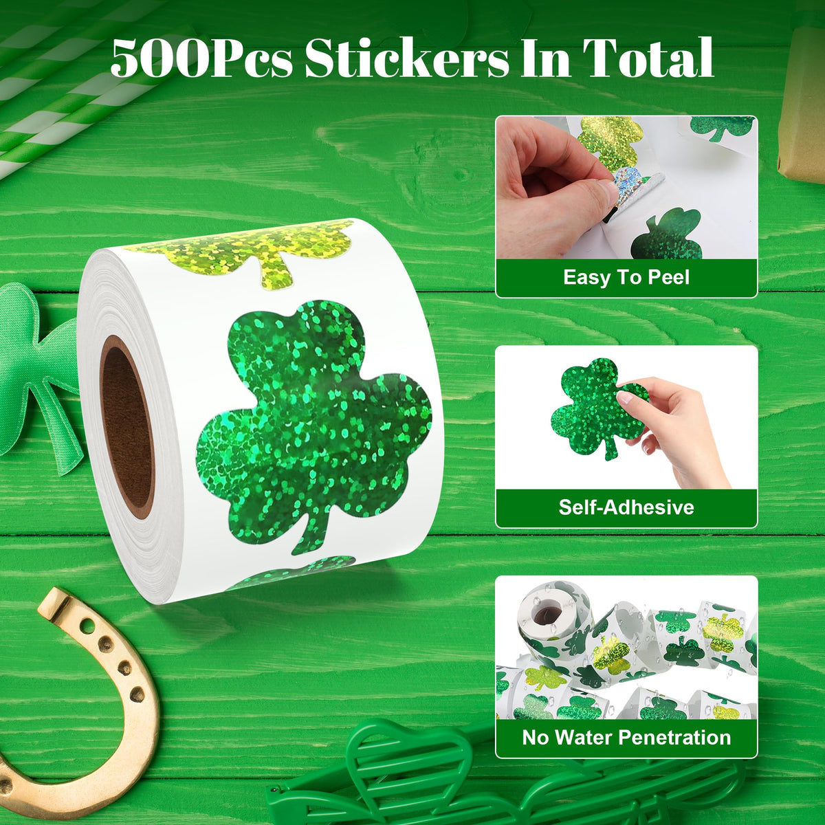 Lxzyu St Patrick's Day Stickers Roll – 500 Shamrock Holographic Glitter Labels (3.8 cm)