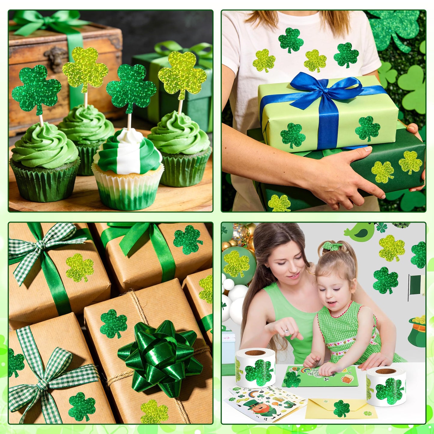 Lxzyu St Patrick's Day Stickers Roll – 500 Shamrock Holographic Glitter Labels (3.8 cm)