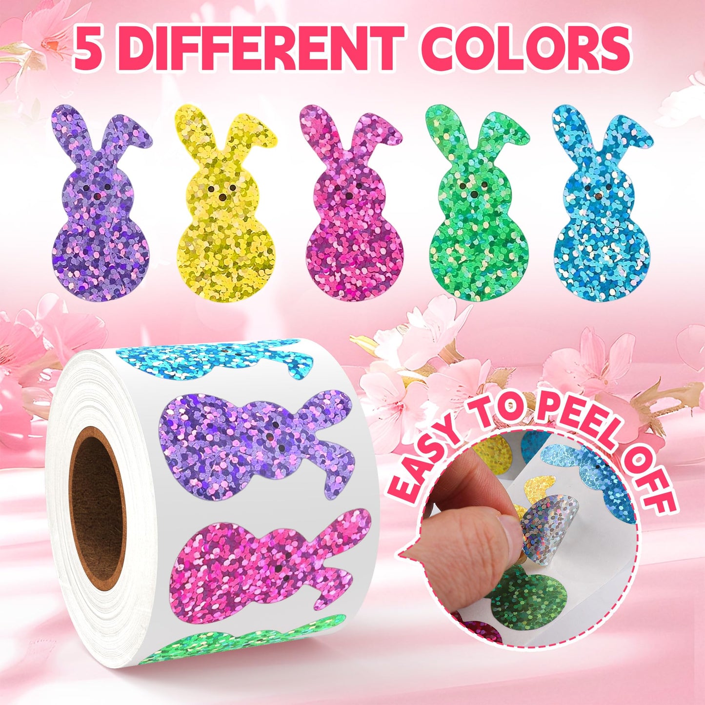 Lxzyu 500 Pcs Bling Sparkly Easter Bunny Stickers – 1.5 x 0.8 in, 5 Colors, Self-Adhesive, Waterproof