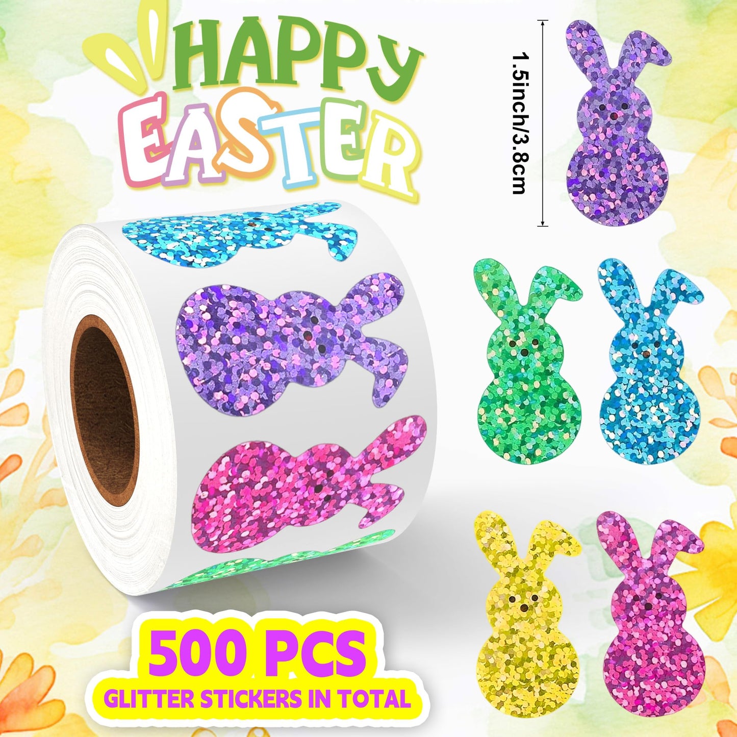 Lxzyu 500 Pcs Bling Sparkly Easter Bunny Stickers – 1.5 x 0.8 in, 5 Colors, Self-Adhesive, Waterproof