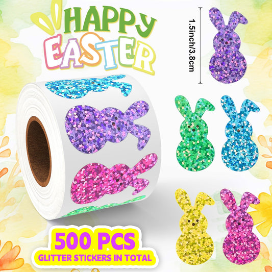 Lxzyu 500 Pcs Bling Sparkly Easter Bunny Stickers – 1.5 x 0.8 in, 5 Colors, Self-Adhesive, Waterproof