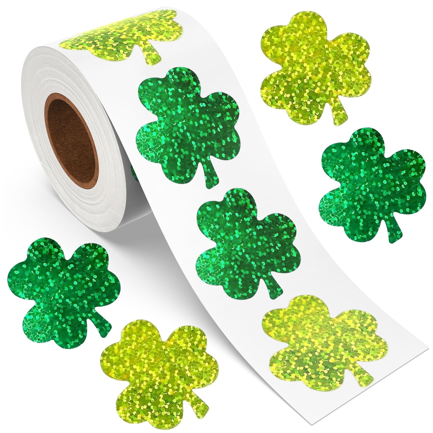Lxzyu St Patrick's Day Stickers Roll – 500 Shamrock Holographic Glitter Labels (3.8 cm)