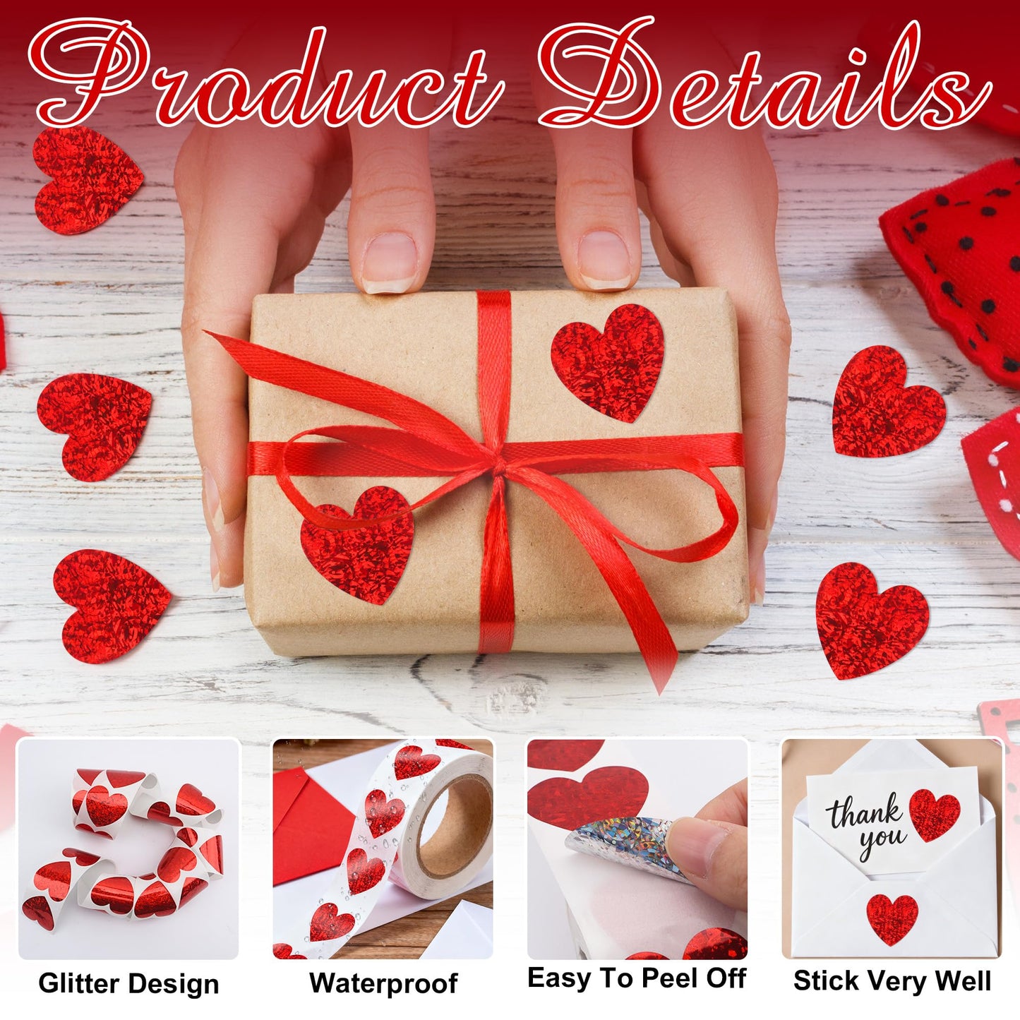 Lxzyu Red Heart Stickers – 500Pcs Glitter Valentine Stickers, 1-Inch, Self-Adhesive for Envelopes, Gifts & Crafts