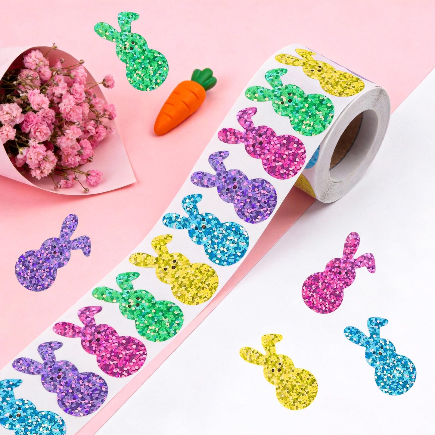 Lxzyu 500 Pcs Bling Sparkly Easter Bunny Stickers – 1.5 x 0.8 in, 5 Colors, Self-Adhesive, Waterproof