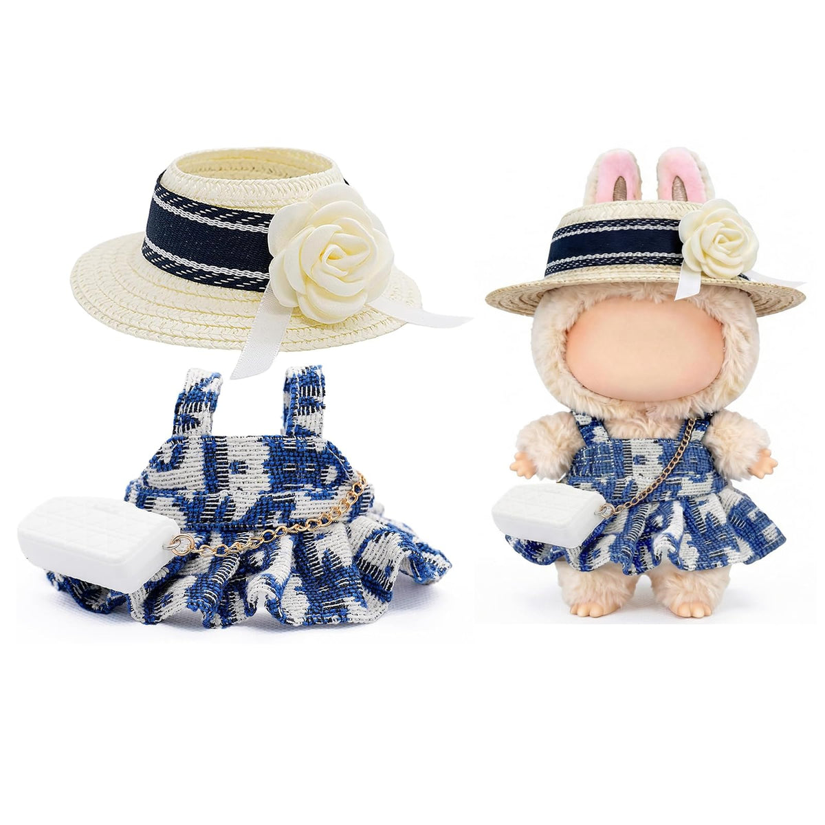 LYBHYQTII 17cm Doll Clothes Set – Luxury 3-Piece Outfit with Hat & Bag (Blue)