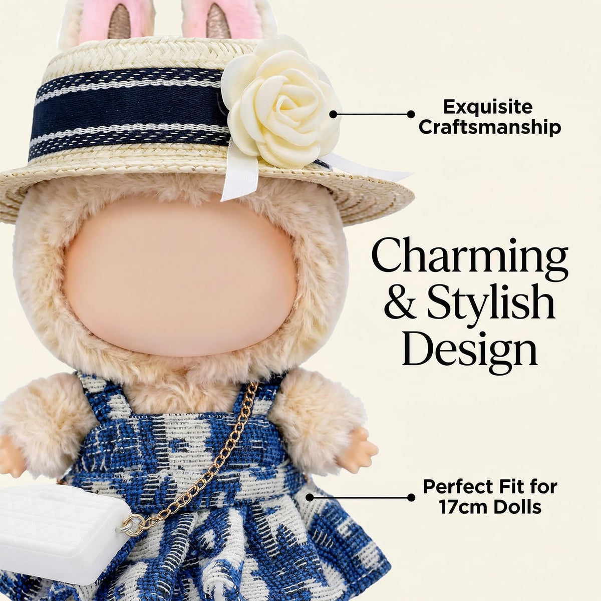 LYBHYQTII 17cm Doll Clothes Set – Luxury 3-Piece Outfit with Hat & Bag (Blue)