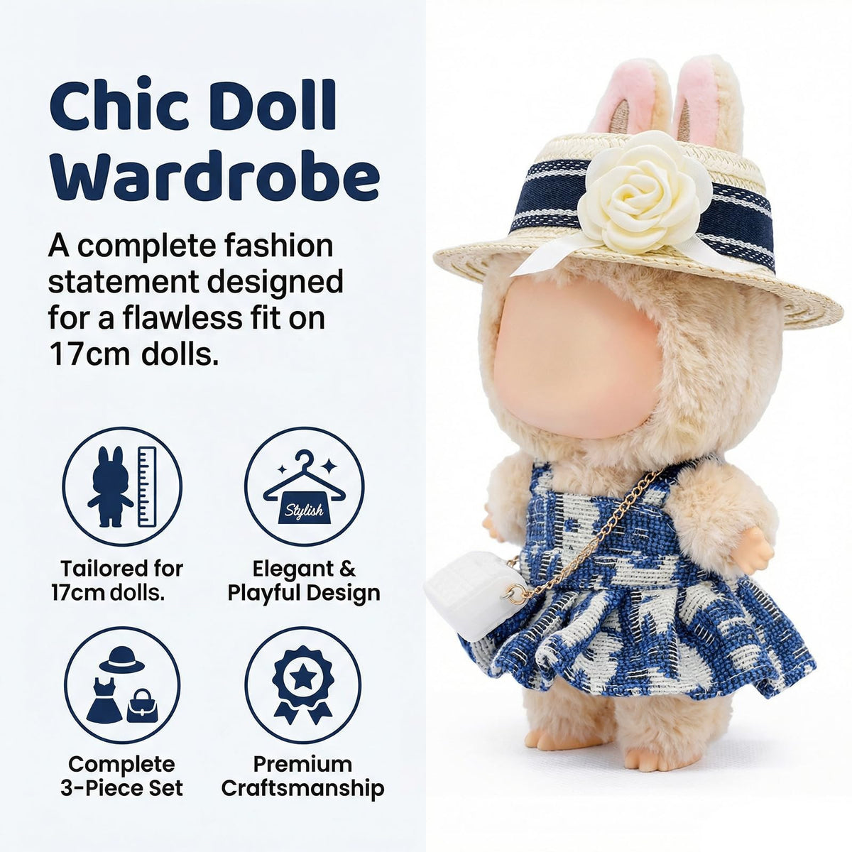 LYBHYQTII 17cm Doll Clothes Set – Luxury 3-Piece Outfit with Hat & Bag (Blue)