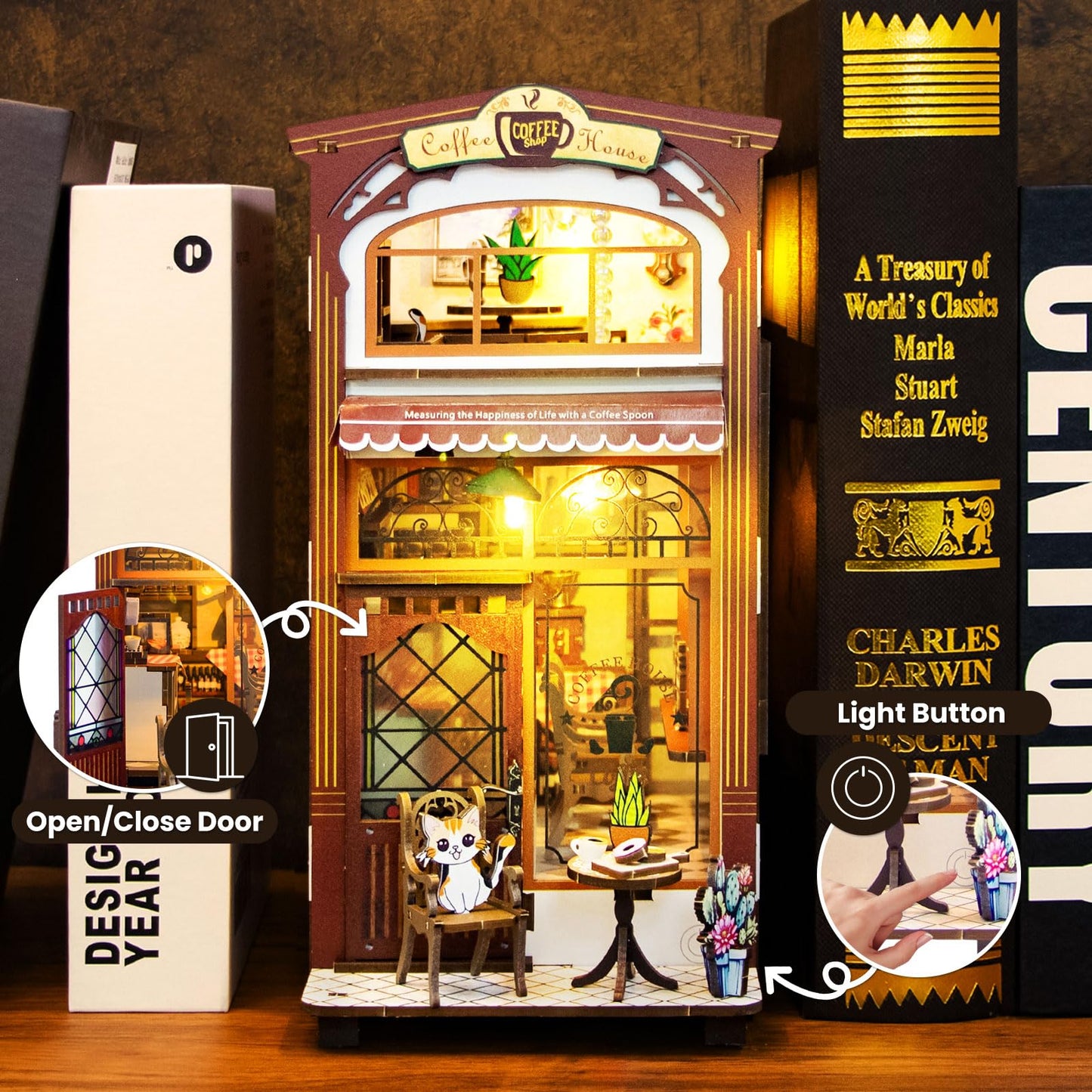 Lycidae DIY Book Nook Kit – Dollhouse Café with LED | Miniature Wooden Puzzle for Adults & Teens 14+