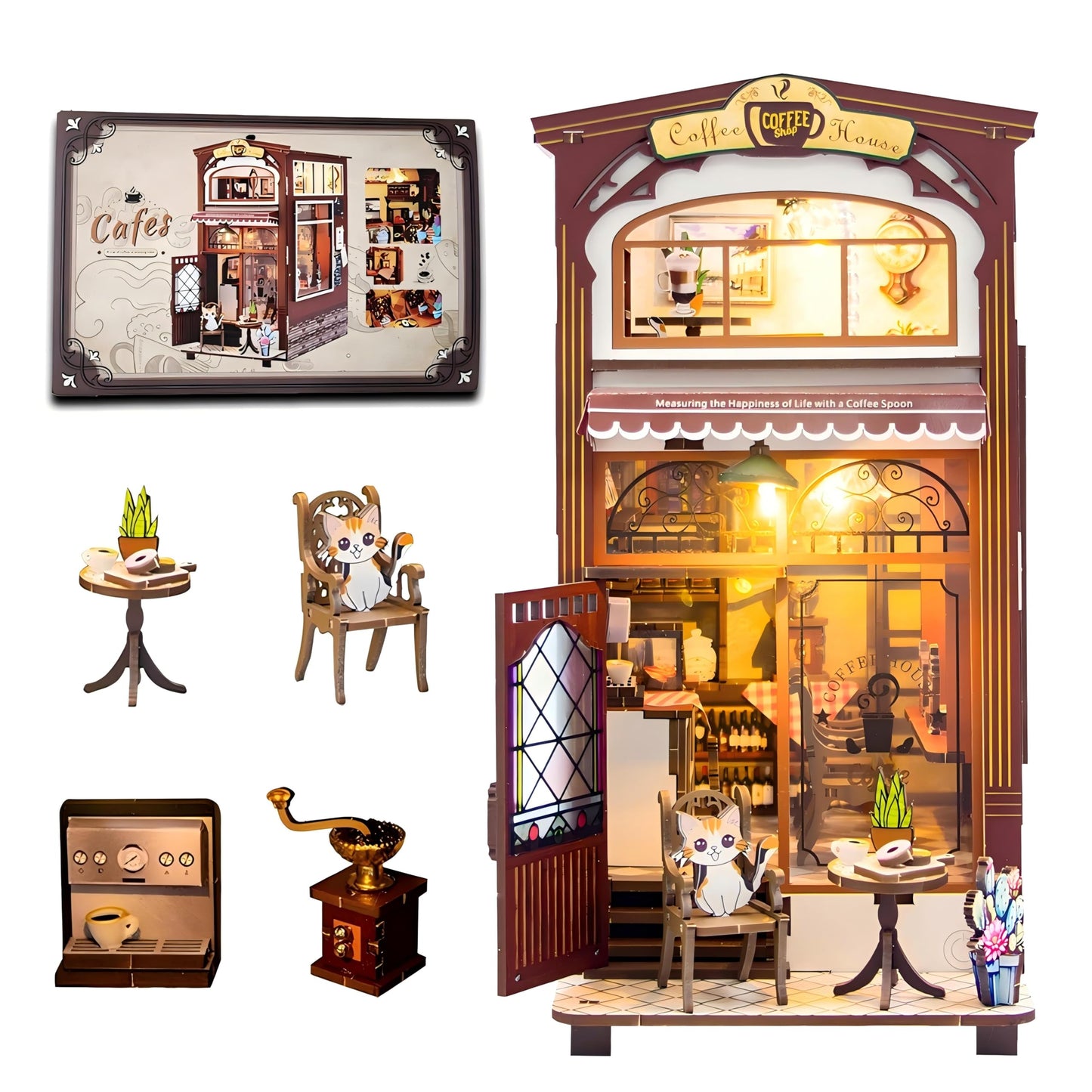 Lycidae DIY Book Nook Kit – Dollhouse Café with LED | Miniature Wooden Puzzle for Adults & Teens 14+