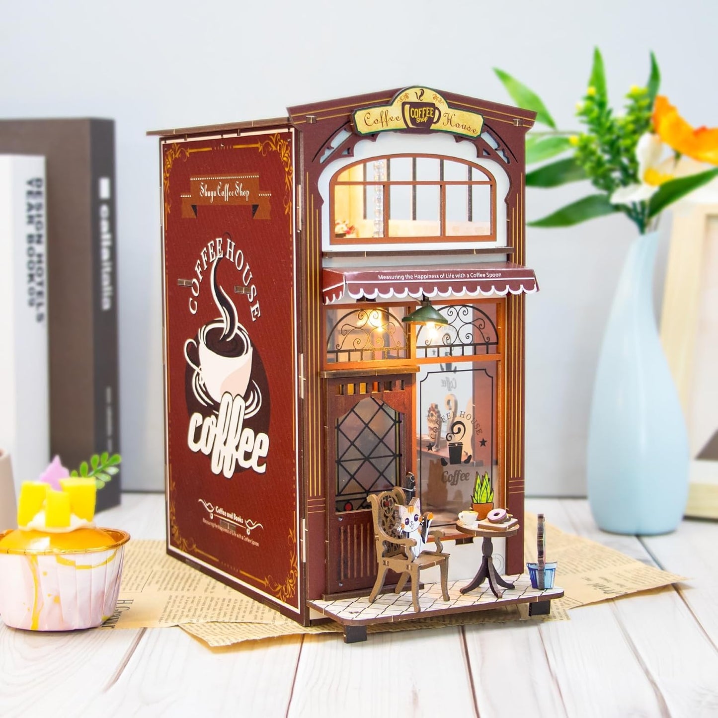 Lycidae DIY Book Nook Kit – Dollhouse Café with LED | Miniature Wooden Puzzle for Adults & Teens 14+