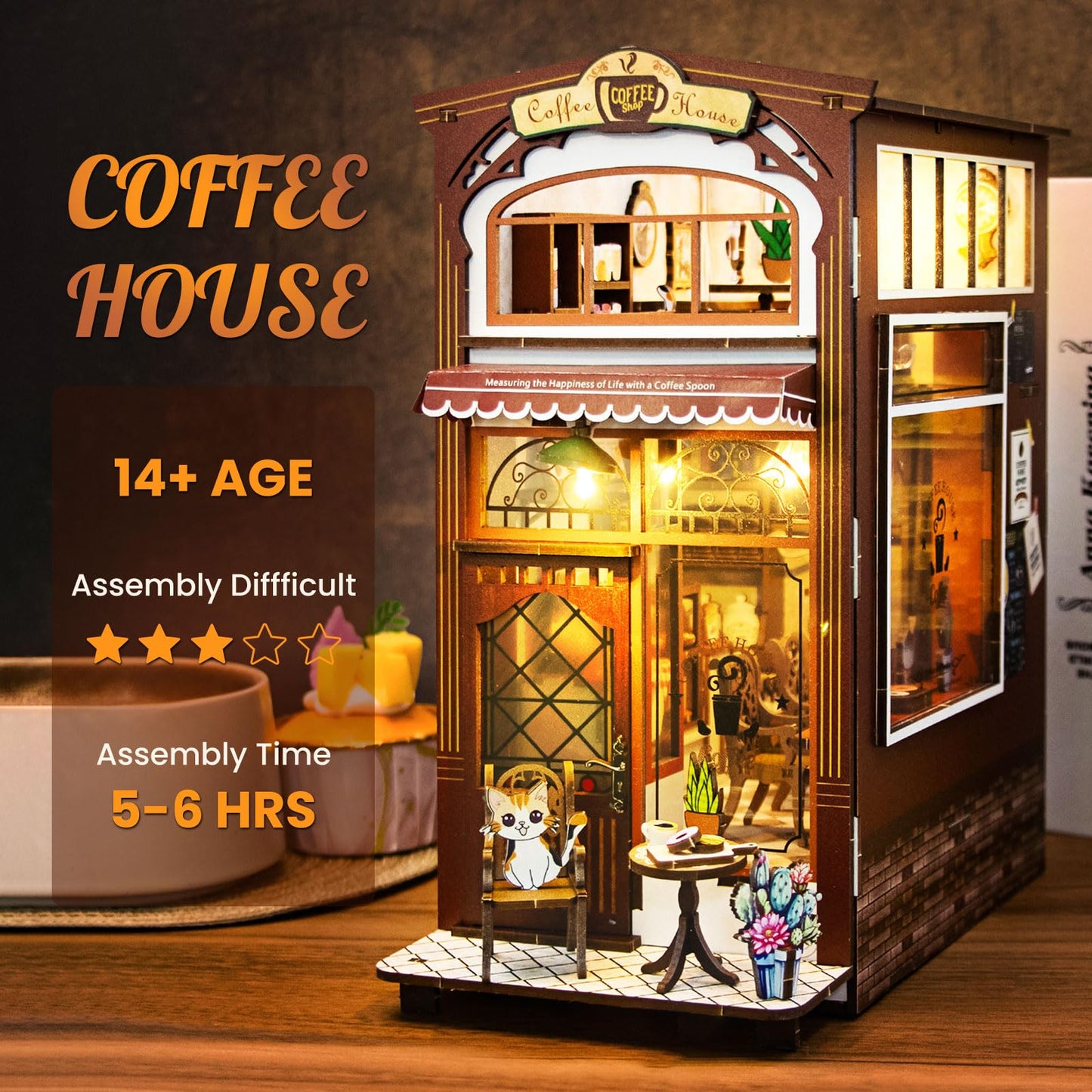 Lycidae DIY Book Nook Kit – Dollhouse Café with LED | Miniature Wooden Puzzle for Adults & Teens 14+