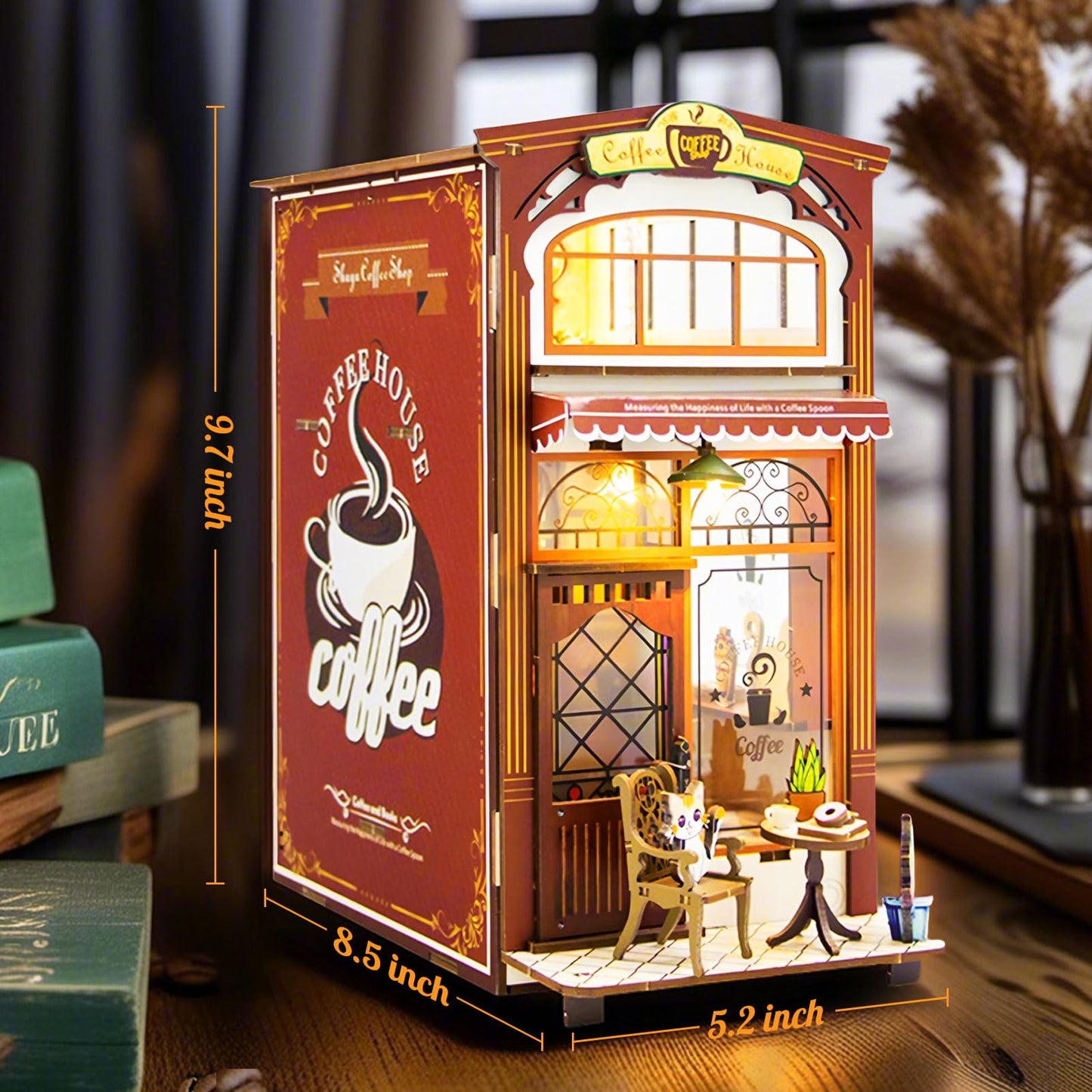 Lycidae DIY Book Nook Kit – Dollhouse Café with LED | Miniature Wooden Puzzle for Adults & Teens 14+