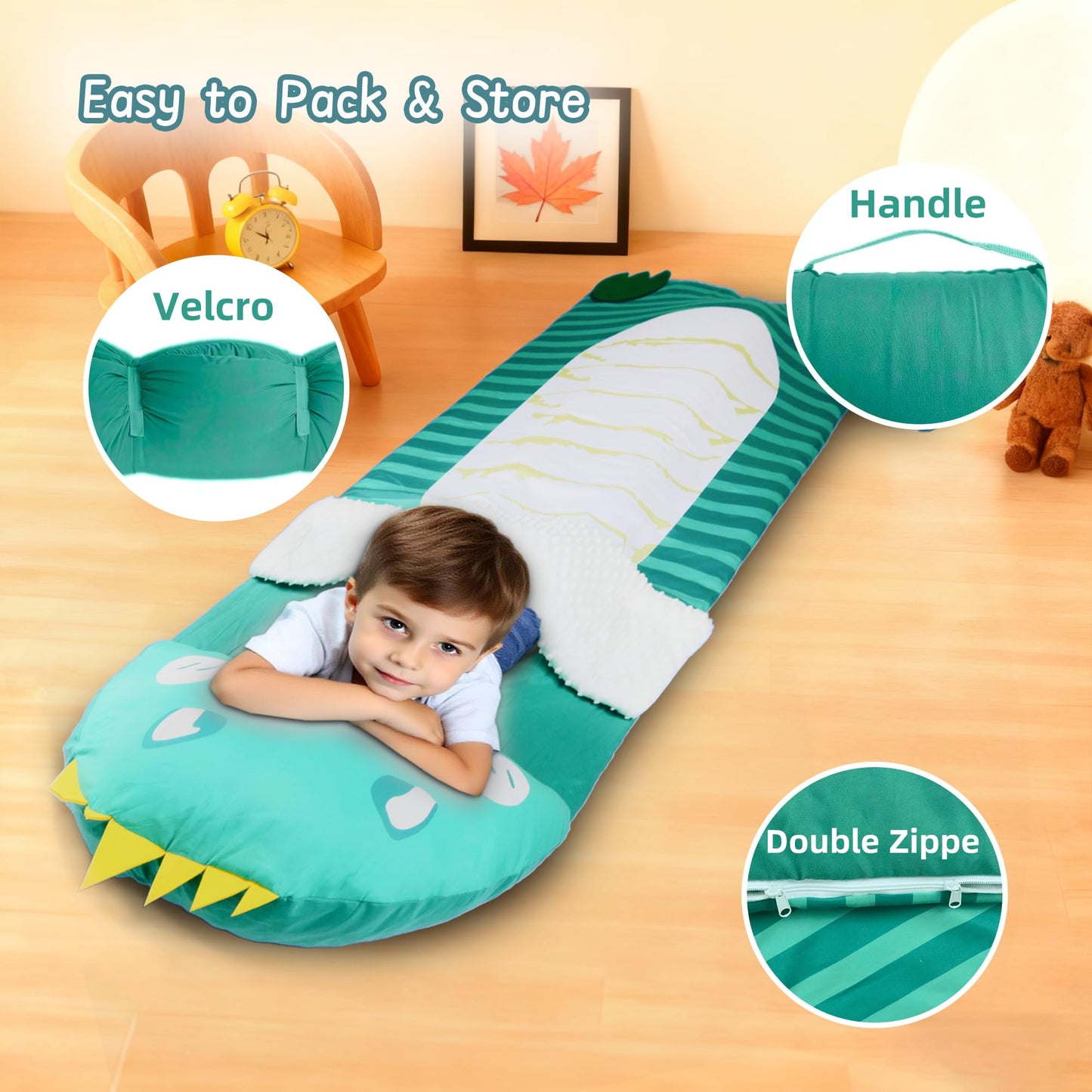 Lydaz Kids Sleeping Bag with Removable Pillow – Extra-Large 70x30 Dinosaur Nap Mat for 3-12 Years
