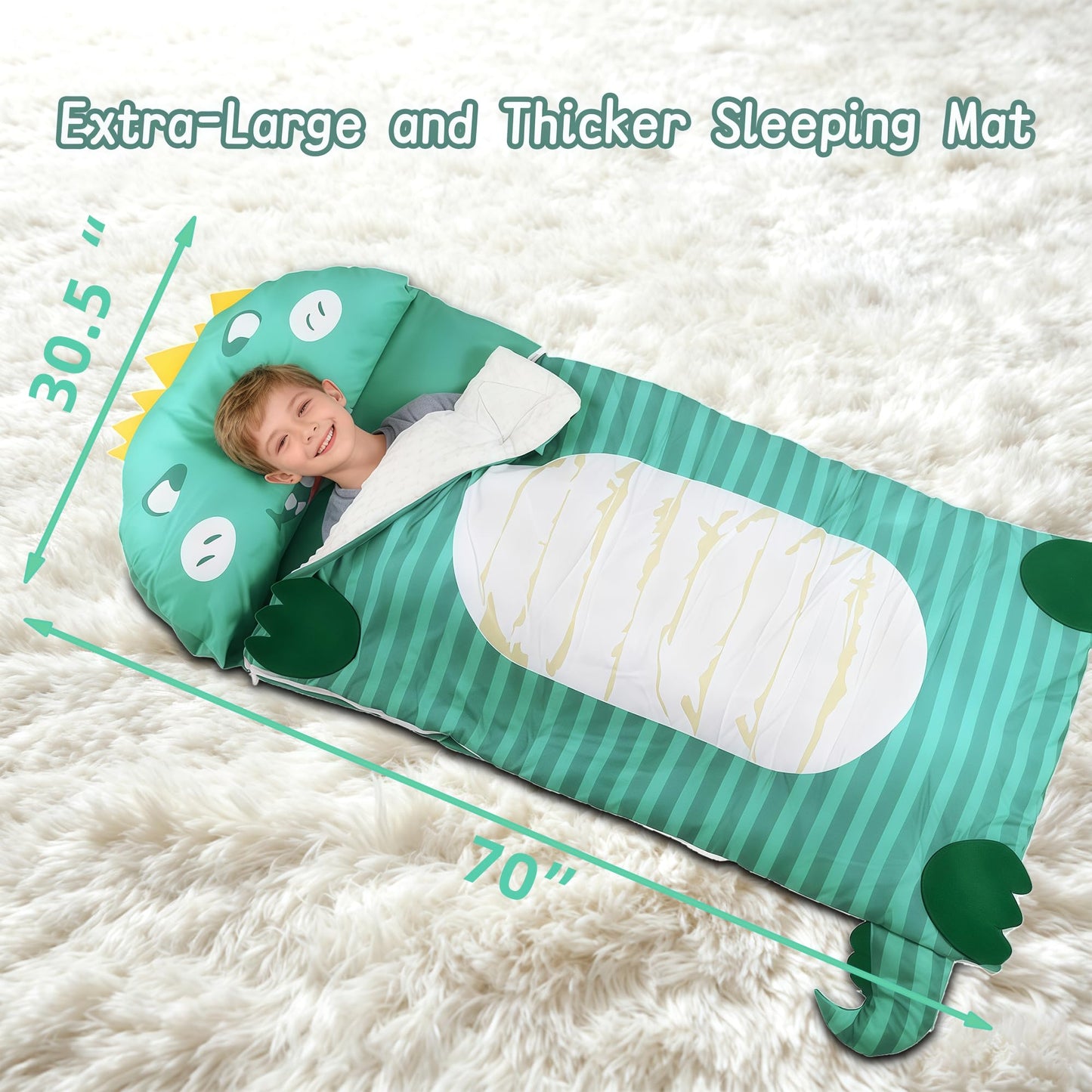 Lydaz Kids Sleeping Bag with Removable Pillow – Extra-Large 70x30 Dinosaur Nap Mat for 3-12 Years