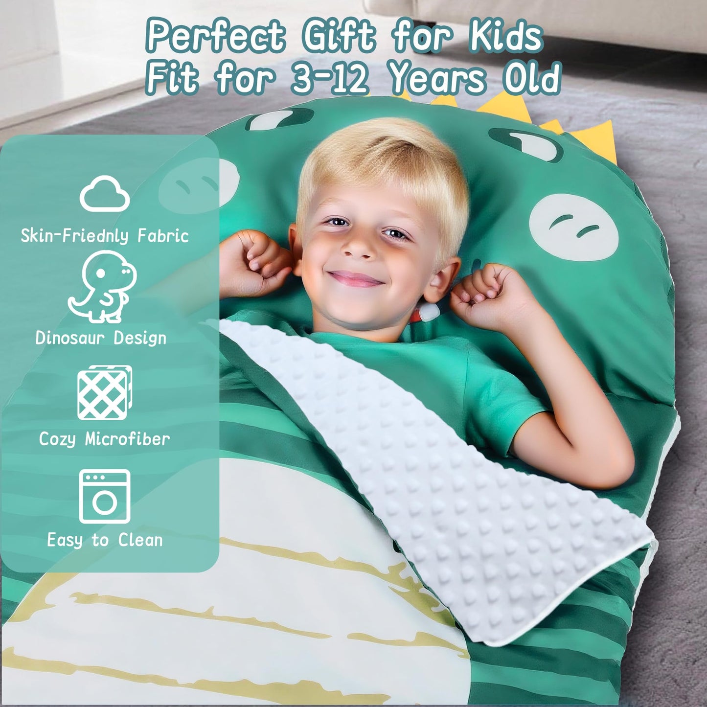 Lydaz Kids Sleeping Bag with Removable Pillow – Extra-Large 70x30 Dinosaur Nap Mat for 3-12 Years