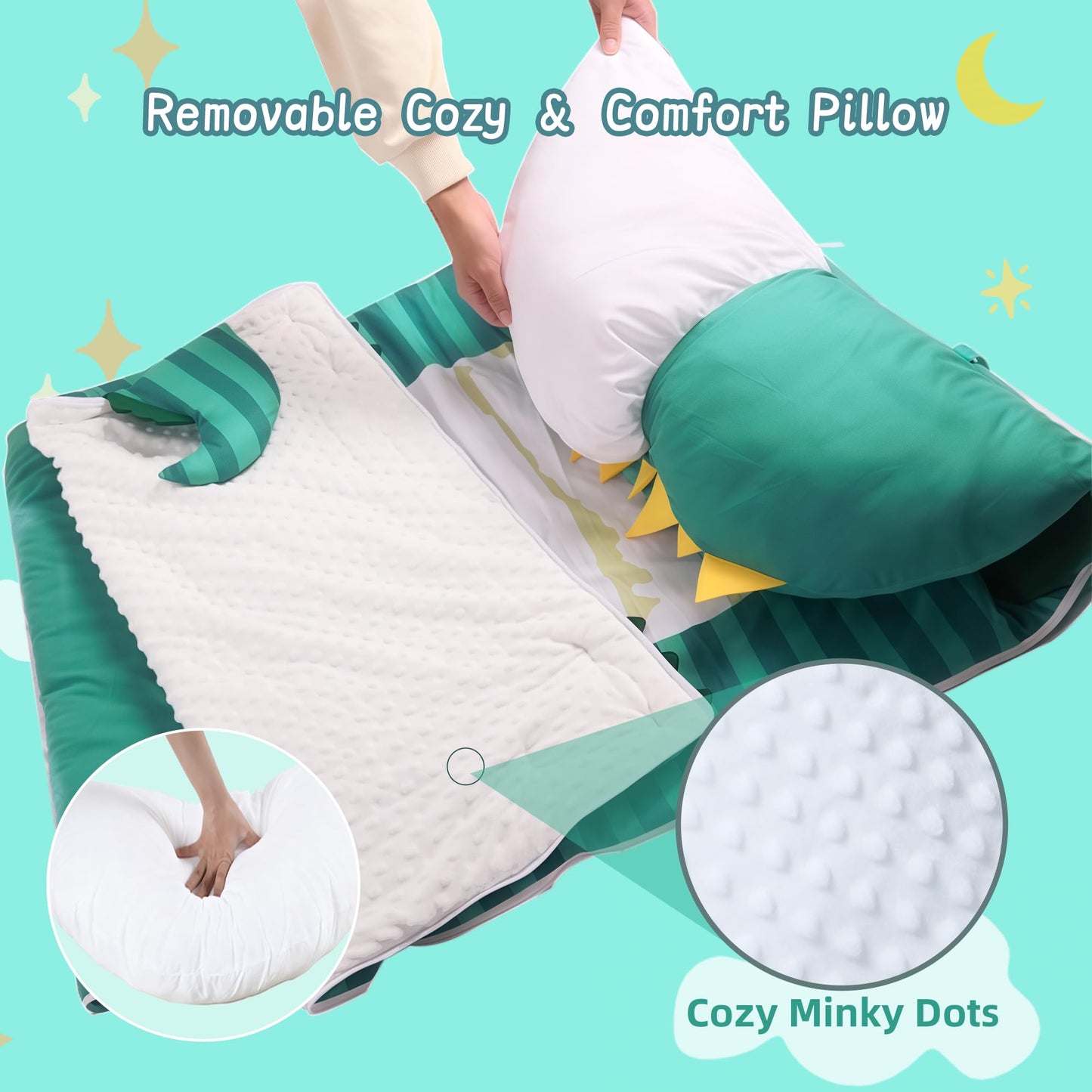 Lydaz Kids Sleeping Bag with Removable Pillow – Extra-Large 70x30 Dinosaur Nap Mat for 3-12 Years
