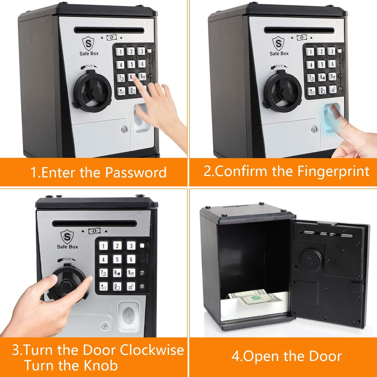 Lyght Mini ATM Savings Bank — Fingerprint Piggy Bank with Voice Prompts for Kids | Silver/Black